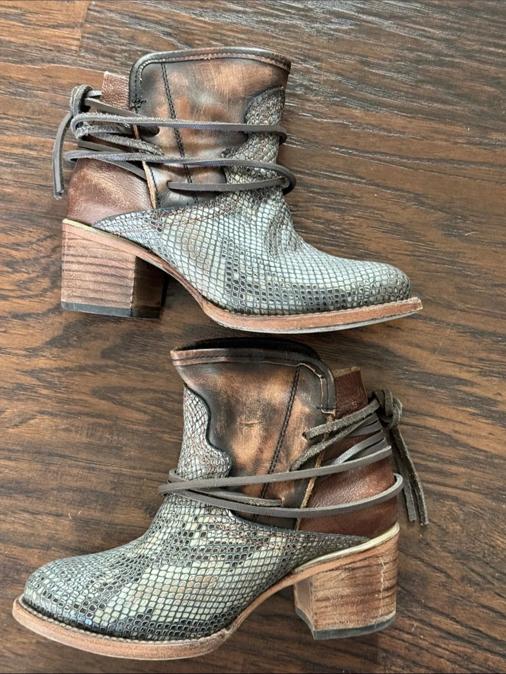 Freebird by Steven Metallic Gray and Distressed Brown Snake-Texture Ankle Boots